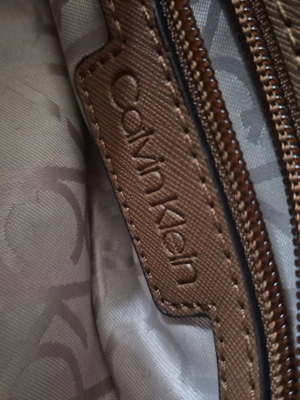 Calvin Klein Brown Monogram Satchel with Gold Chain and Tan Trim